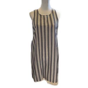MSK 100% cotton lightweight blue & cream vertical striped dress, fringe detail S